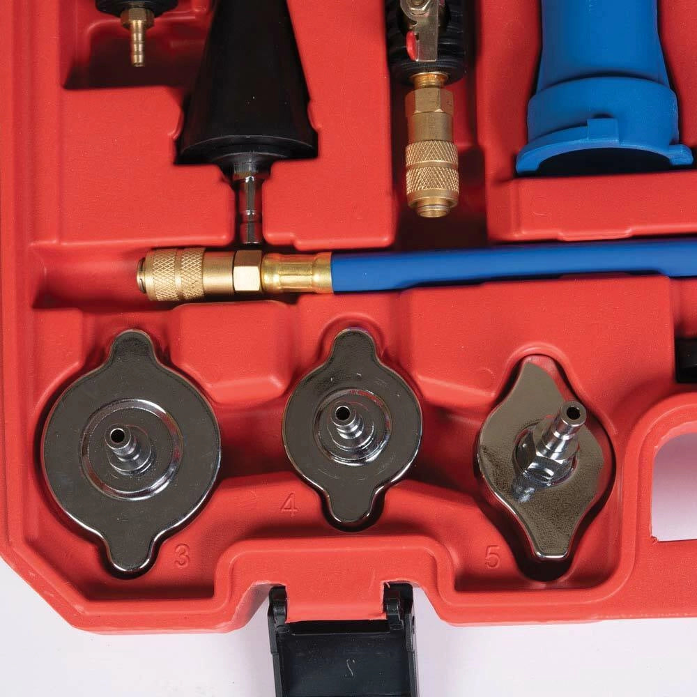 Kit tester pressione spurgo vuoto ricarica radiatore universale 27 pezzi XC9045