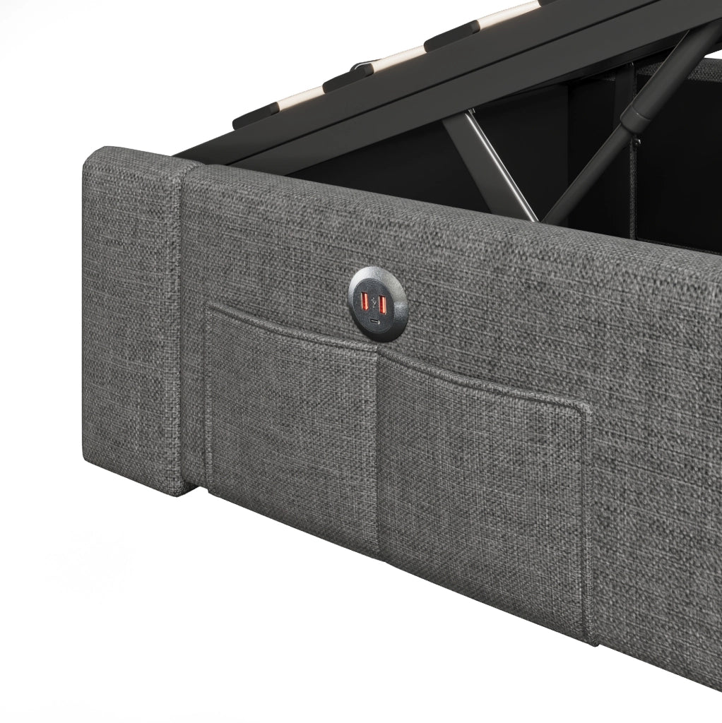 Letto imbottito 90x200 cm con USB; LED e contenitori laterali in lino grigio