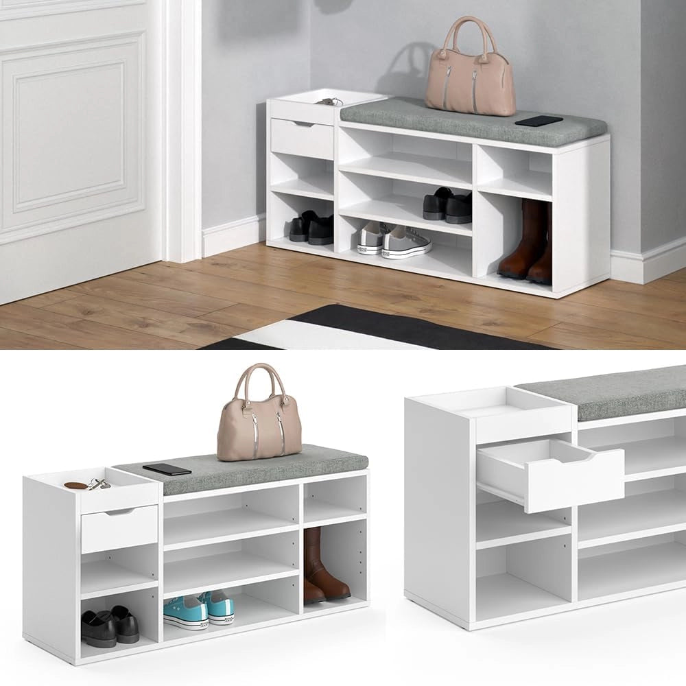 Vicco Panca scarpiera da ingresso Eleon, Bianco, 101.1 x 45 cm, utilizzabile per riporre le scarpe e come seduta