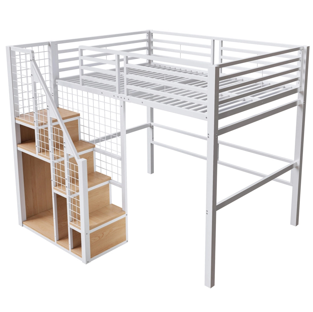 Letto a soppalco ULEVR 140x200 cm con scala, modulo guardaroba e protezioni, MDF e metallo bianco