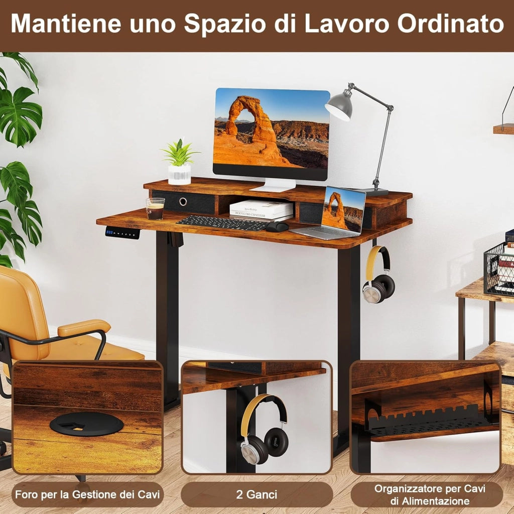 Scrivania Regolabile in Altezza con 2 Cassetti, Scrivania con Supporto per Monitor, Mensola, 2 Ganci e 3 Altezze Preimpostate, Tavolo da Lavoro per Ufficio, Studio e Camera da Letto (Marrone)
