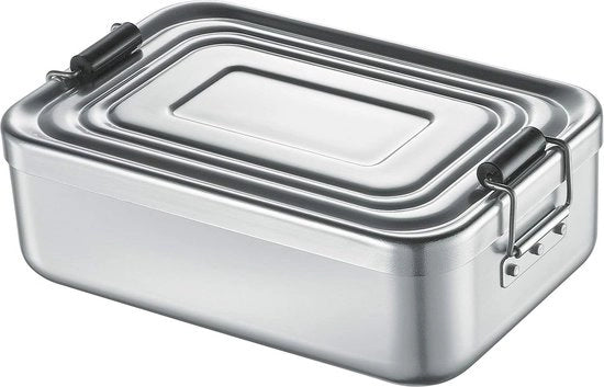 Lunchbox in acciaio inossidabile con maniglia in lega di alluminio e rivestimento in rame argento.
