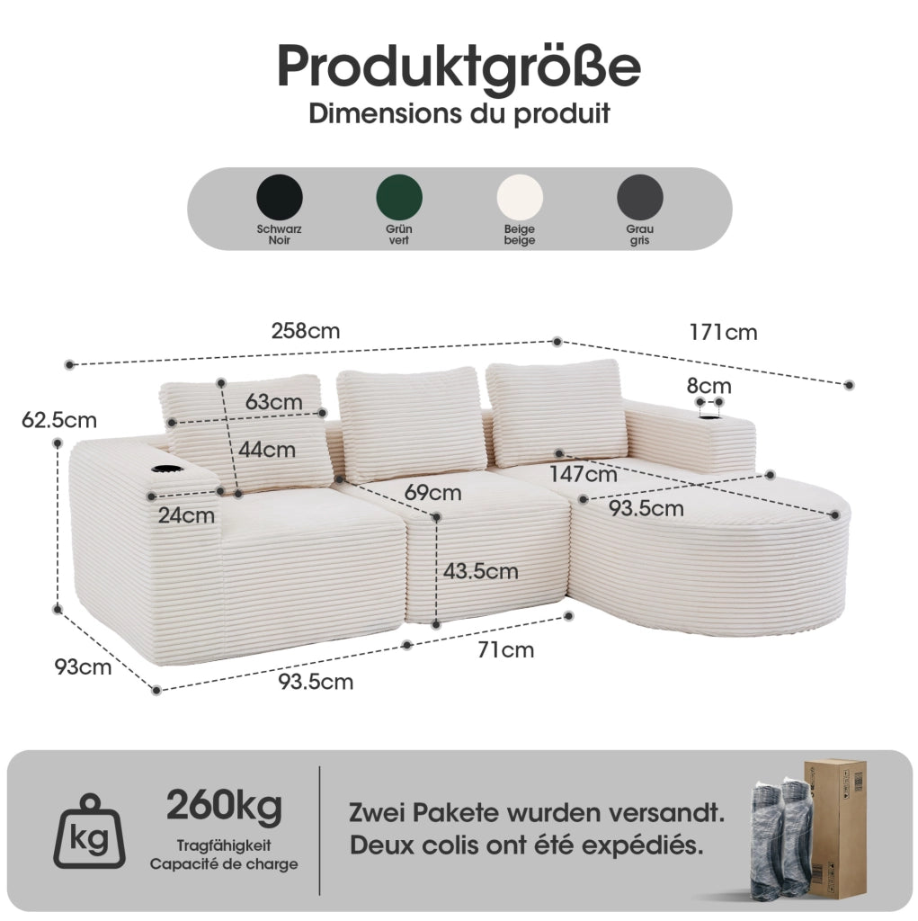 Divano beige in poliestere imbottito con 3 cuscini e 2 portabicchieri