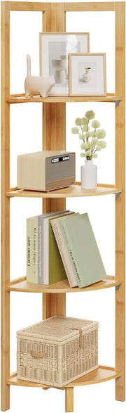 Mobiletto Bagno in Bambù a 4 Livelli, Scaffale Angolare Pieghevole, per Bagno, Cucina, Soggiorno, Bambù Naturale, 27x27x120 cm