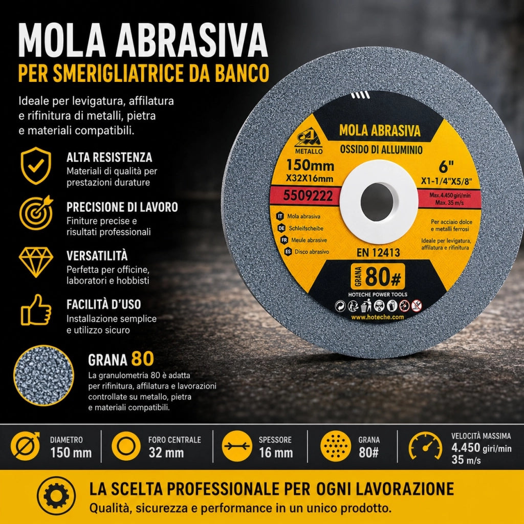 Disco Mola Pietra Abrasiva 150x32x16 mm Grana 80 Smerigliatrice 550922