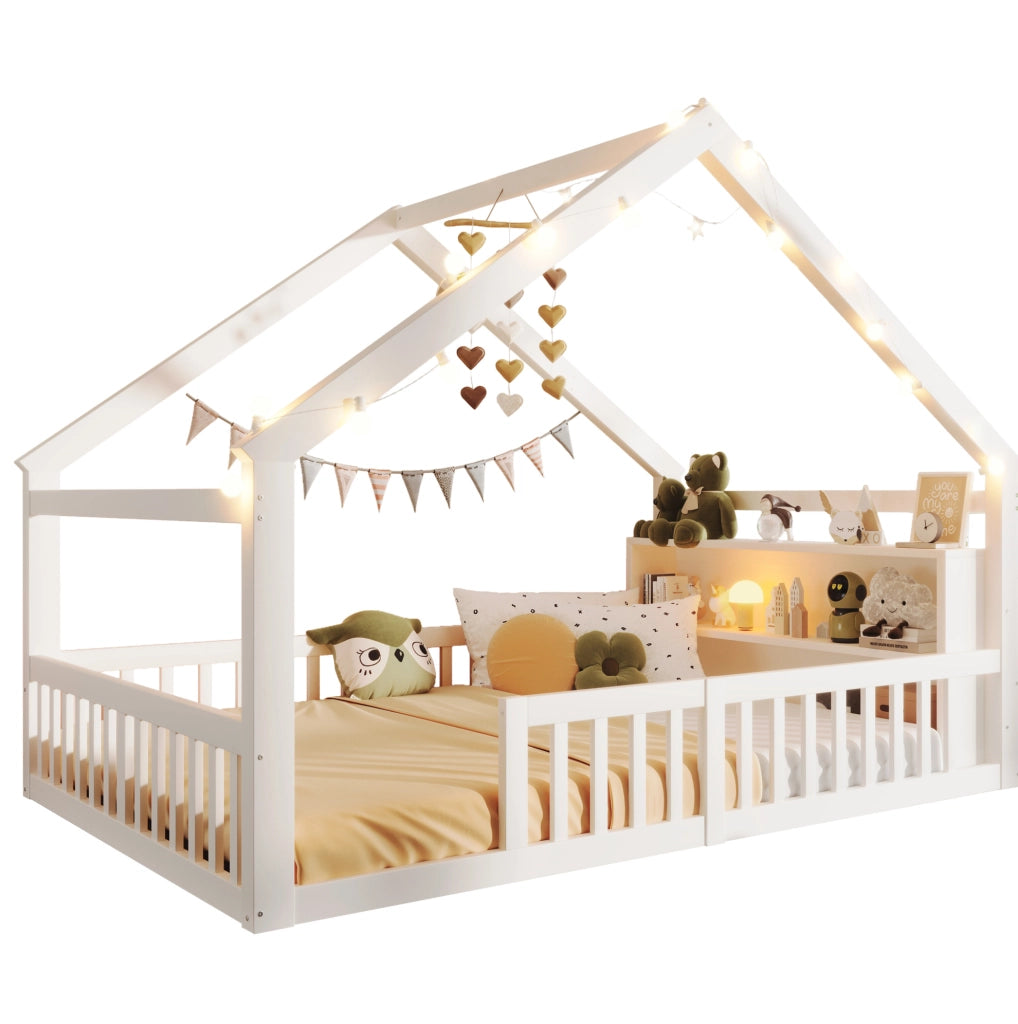 Letto per bambini a casetta 140x190 cm con sponde e scaffali laterali