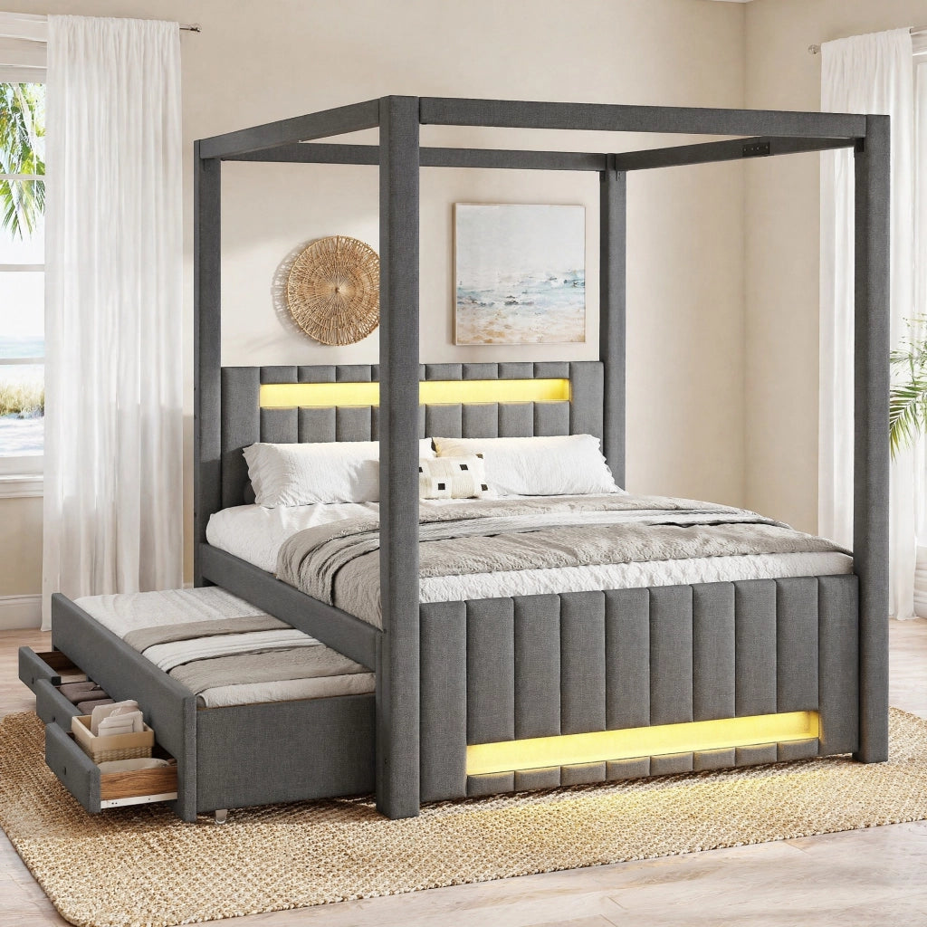 Letto a baldacchino imbottito 140x200 cm con letto estraibile e LED