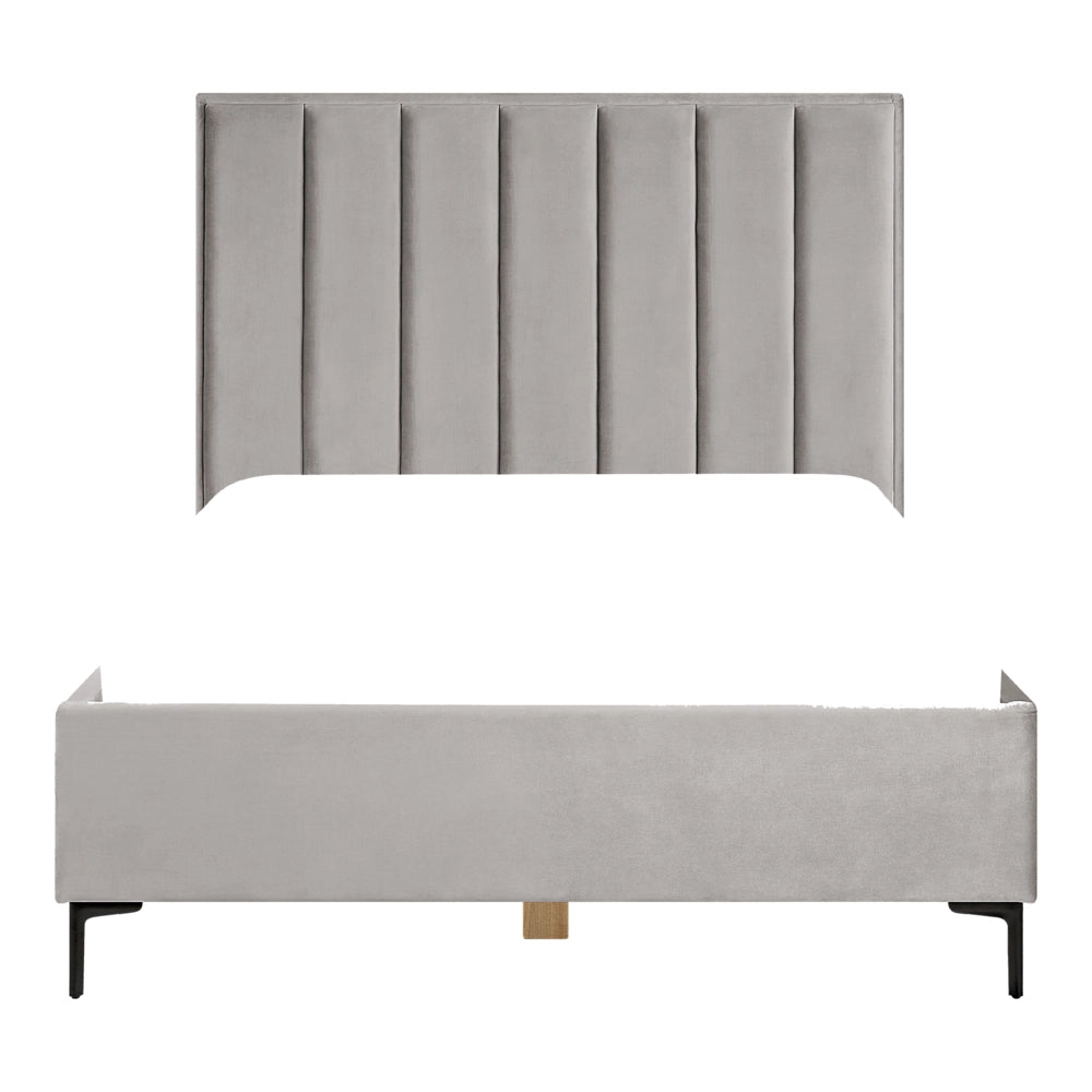 Letto in velluto grigio chiaro matrimoniale 140 x 200 cm con ottomana testata imbottita contenitore gambe in metallo Nero