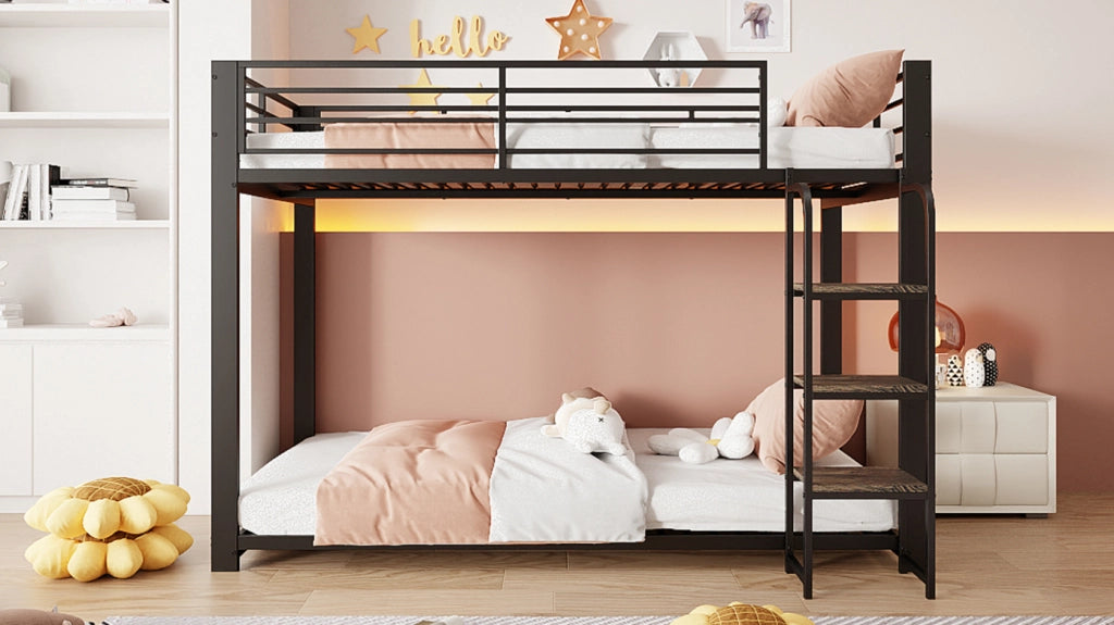 Letto a castello 90 × 200 cm con scale ampie e ripiano, per bambini e ragazzi, senza materasso, nero