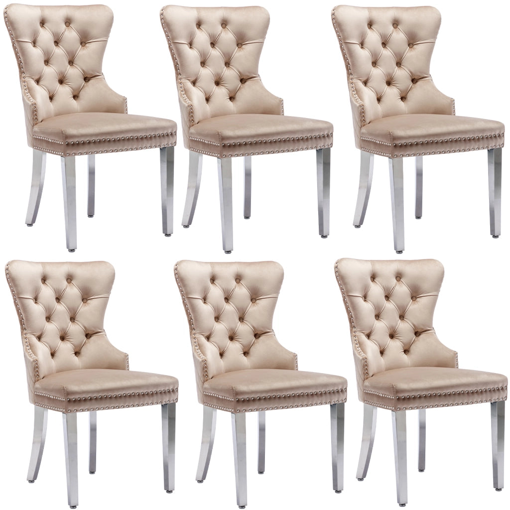 Sedia da Pranzo Imbottita in Velluto con Schienale e Gambe in Metallo ¨C MINIMAL ¨C Beige, Set 6 Pezzi