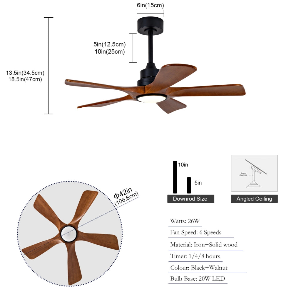 Ventilatore da soffitto 107x107x34,3 cm metallo/legno noce nero LED –