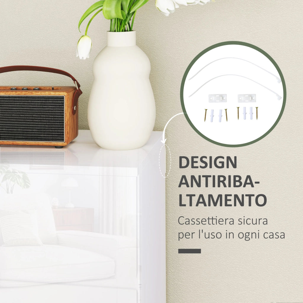 Cassettiera Moderna 5 Cassetti Antiribaltamento in Legno, 55x33x100 cm, Bianco Lucido