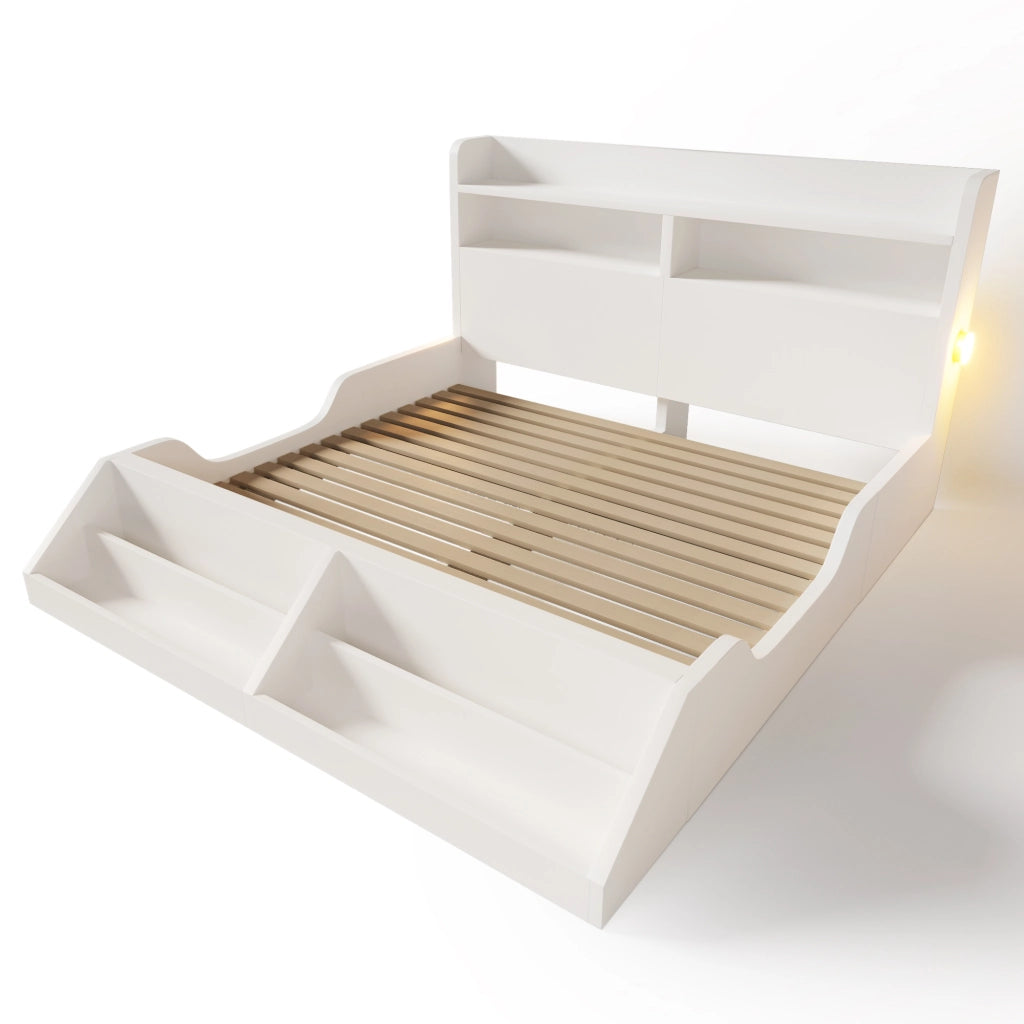 Letto in legno 140x200 cm bianco con luci notturne, libreria rimovibile e rete a doghe