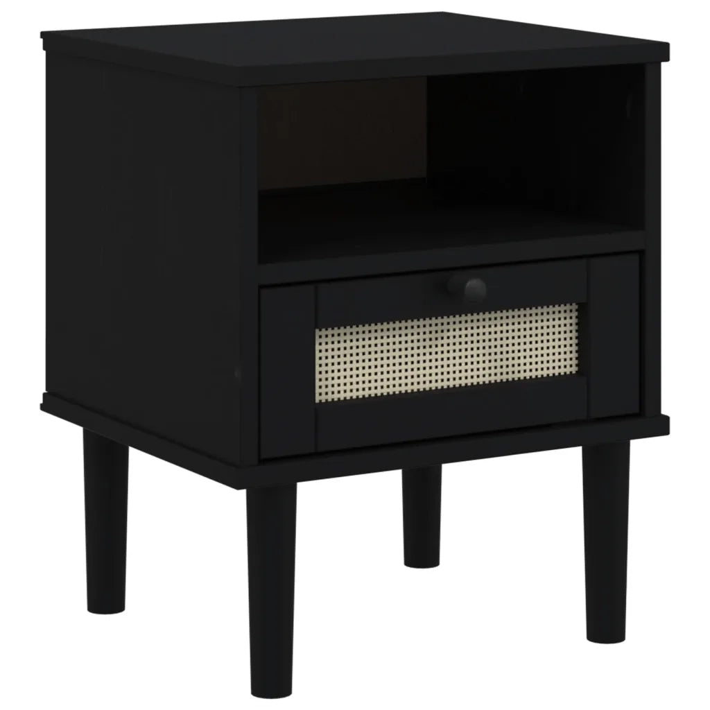 Comodino SENJA Nero Aspetto Rattan 40x35x48 cm in Legno di Pino 358012