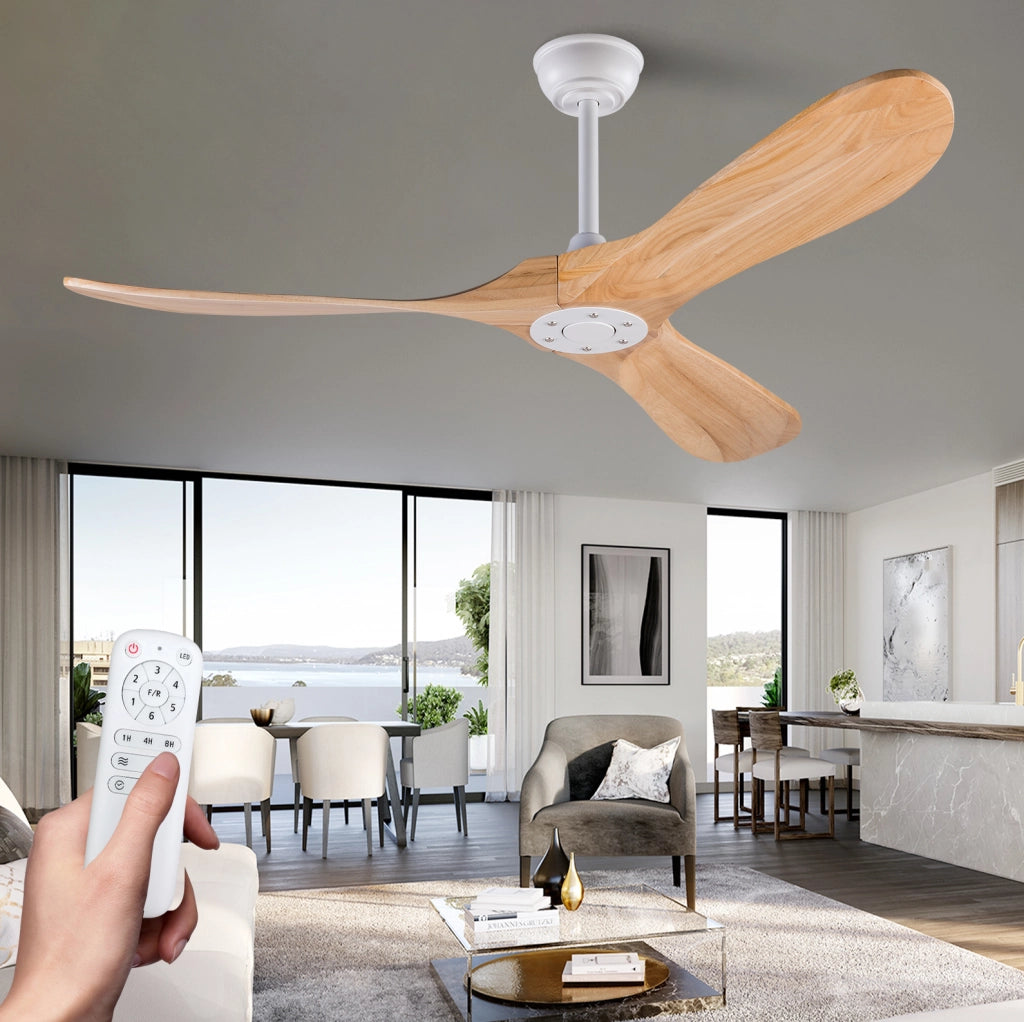Ventilatore da soffitto a pale in legno con telecomando; motore DC reversibile; bianco e naturale