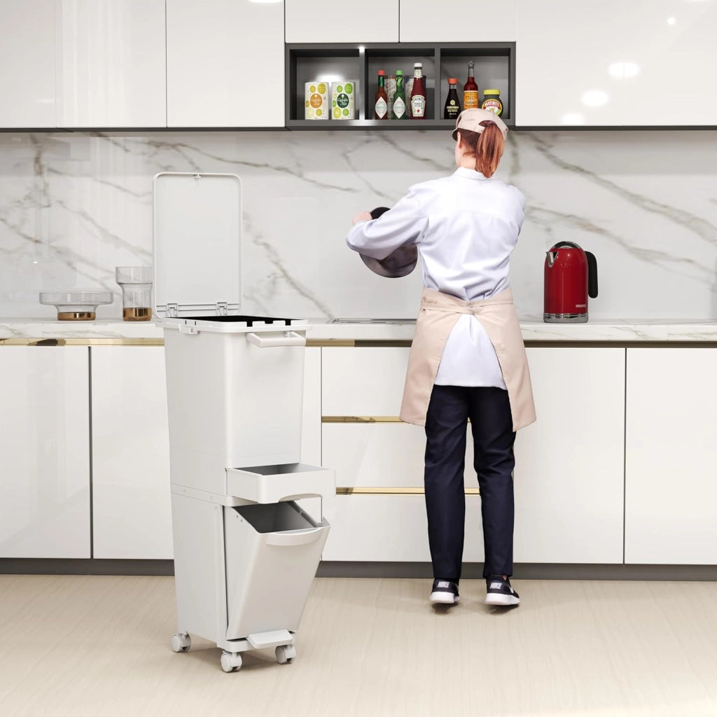 Pattumiera Tri Selectif da 32L per Cucina, 3-in-1 con 2 Contenitori Estraibili, Cassetti, Pedale e Ruote, Include Adesivi per Raccolta Rifiuti (Bianco)