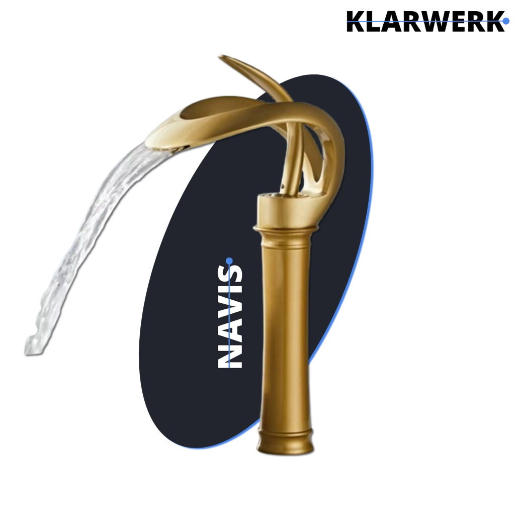 NAVIS | Rubinetto a cascata design bagno alto oro opaco | Elegante rubinetto in acciaio inossidabile premium per lavelli alti | Miscelatore 2 attacchi