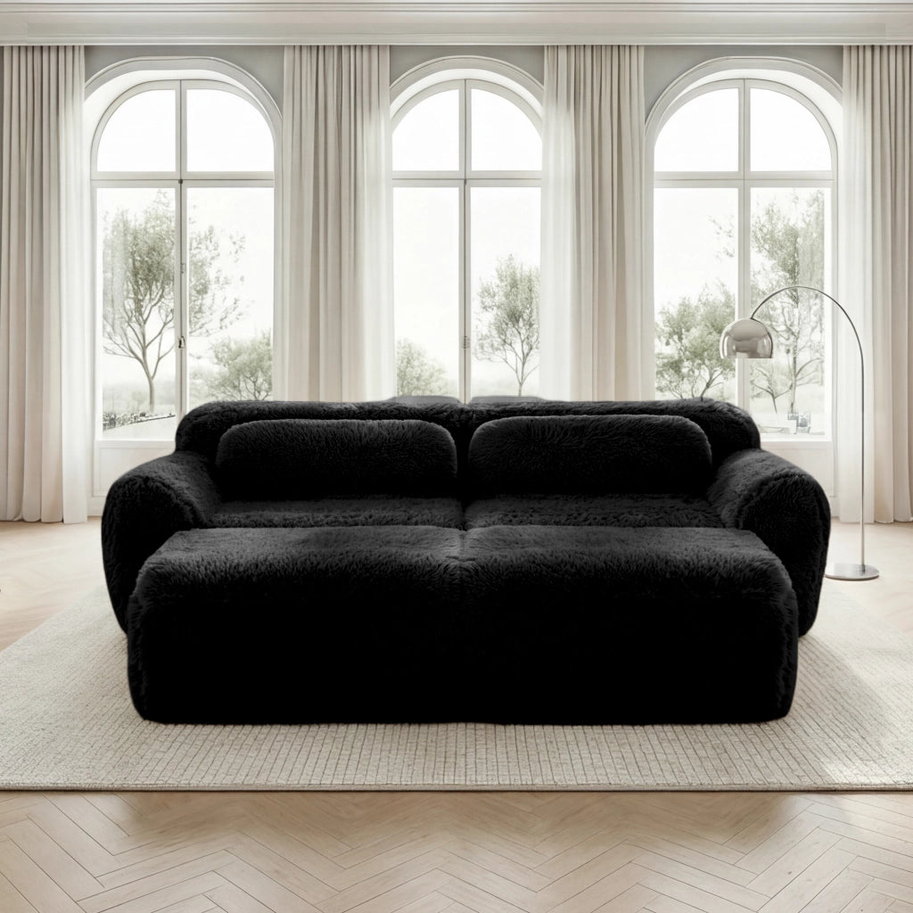 OKWISH Divano Modulare 2 Posti con 2 Pouf, senza Montaggio, Seduta Ampia e Base Antiscivolo, Peluche Nero