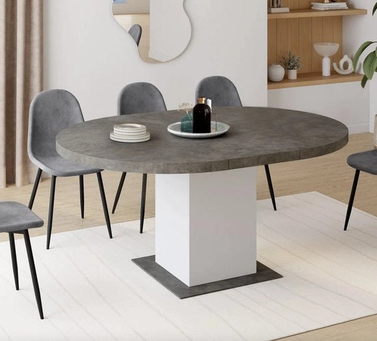 Tavolo da pranzo rotondo estensibile 4-8 posti, cemento e bianco 120-160 cm - Design moderno - Finestra in legno - Mobili per soggiorno - Costruzione duratura - Finitura lussuosa - Interno eterno - Adatto per uso quotidiano