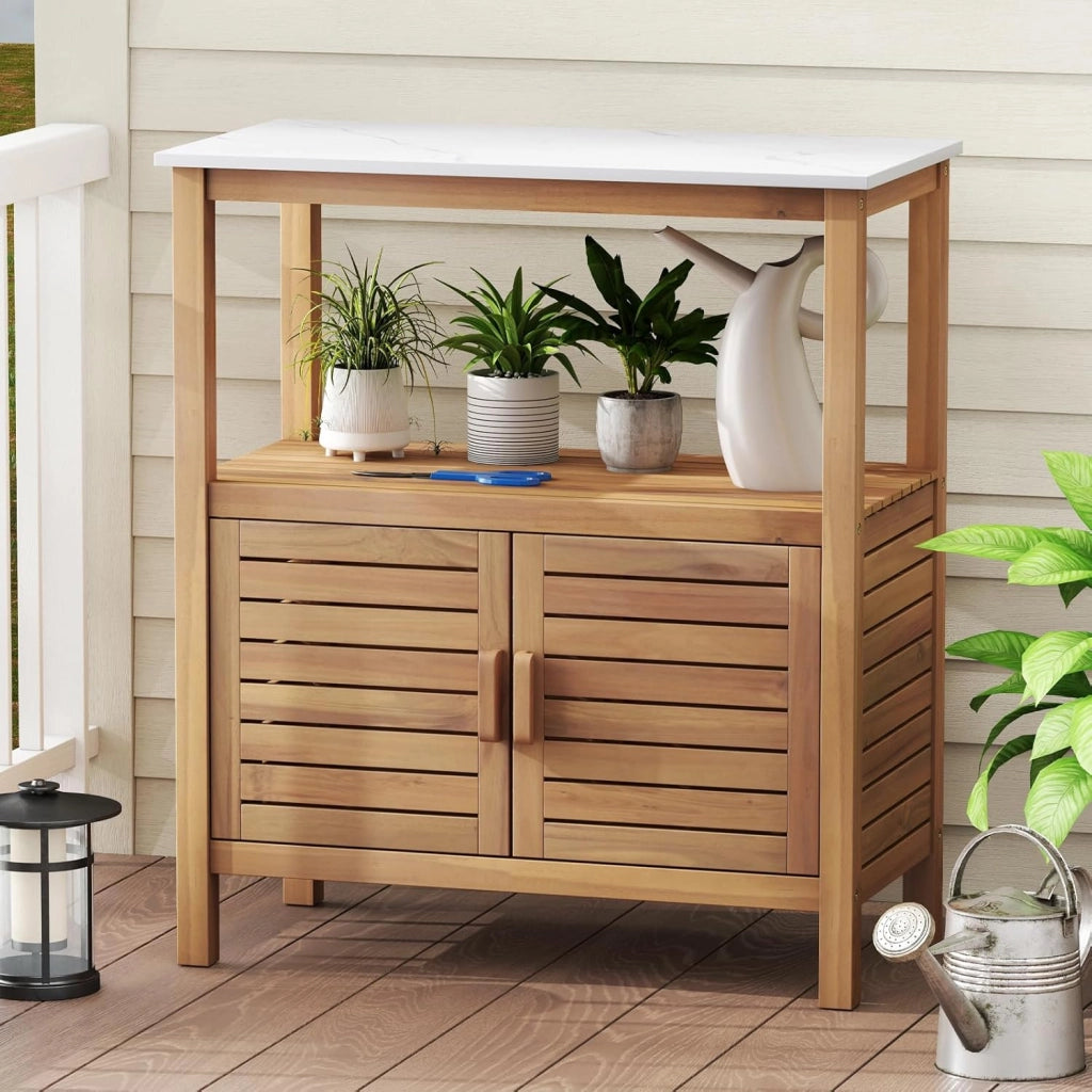 Armadio da Esterno Impermeabile in Legno di Acacia, Mobile Esterno Balcone con Piano di Lavoro in Resina, 2 Ante Persiana e Ripiano Aperto, per Piante e Attrezzi, Naturale, 80 x 40 x 90,5 cm