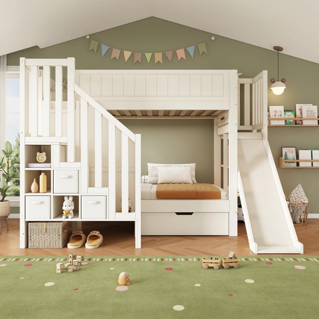 Letto a castello 90 × 200 cm con scivolo, scaletta-armadio, cassetti e ripiano, senza materasso, bianco