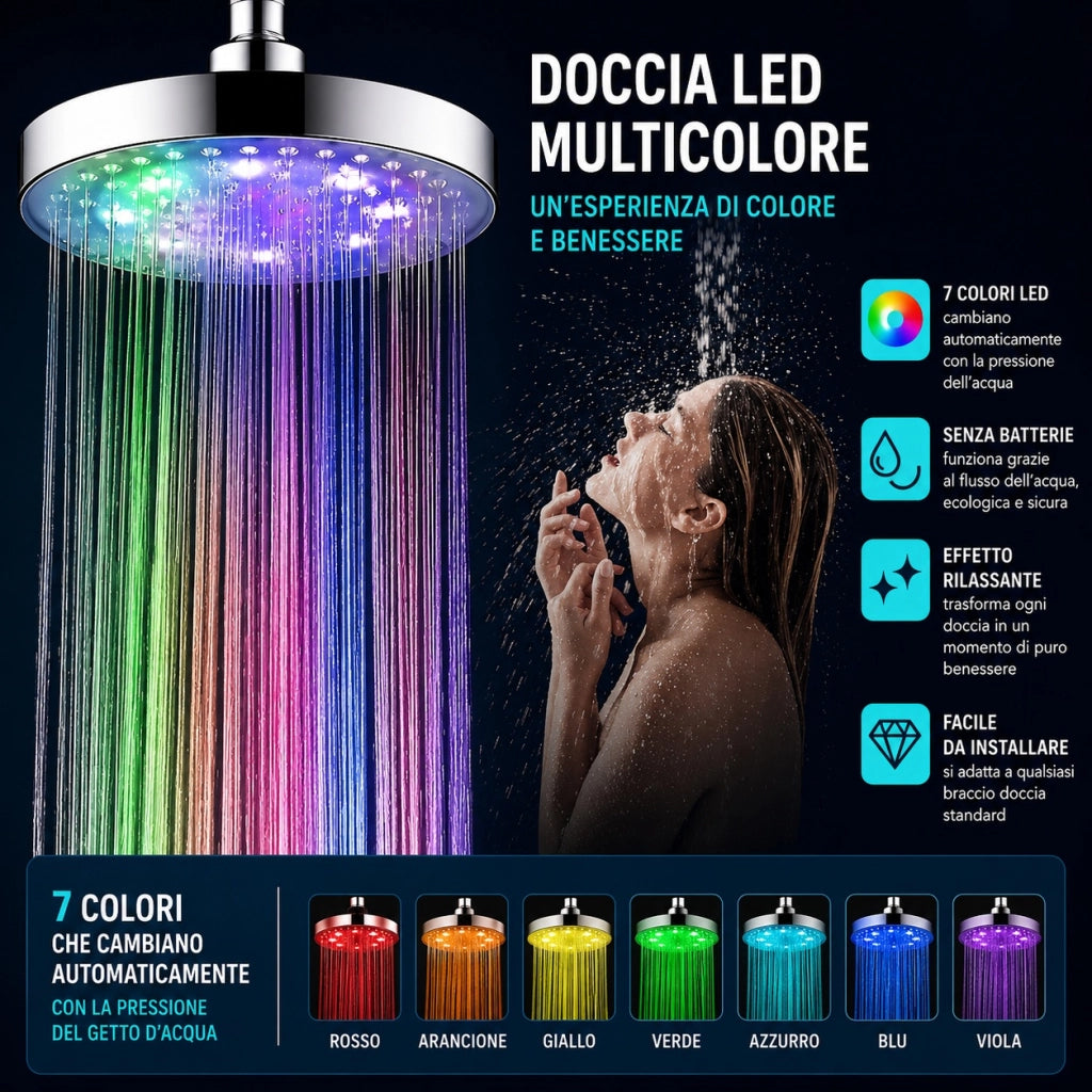 Soffione Doccia LED Cromoterapia 7 Colori RGB Rotondo 22 cm Multicolore 79904
