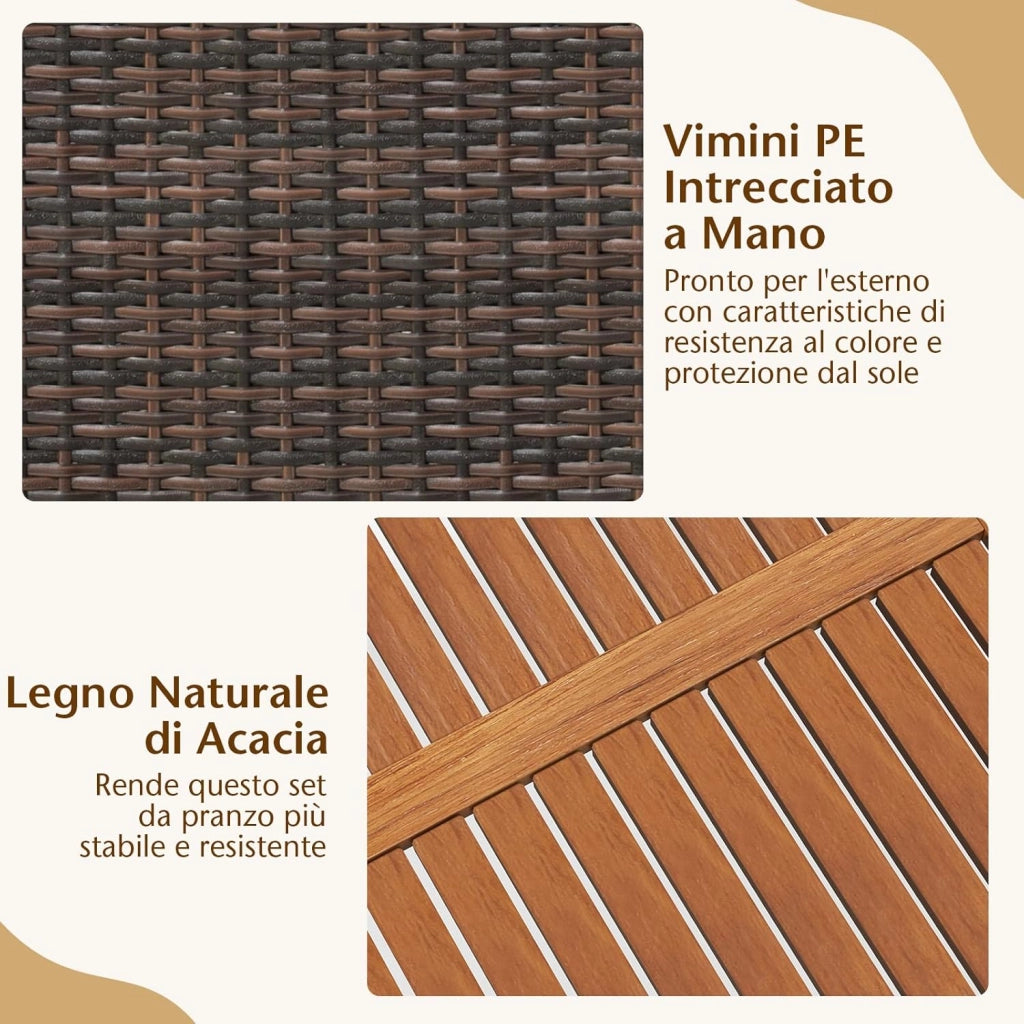 7 Pezzi Set di Mobili da Pranzo, Set Mobili da Giardino in Rattan PE con Piano in Legno di Acacia, 6 Sedie Impilabili e Cuscini Impermeabili, per Giardino Piscina e Cortile