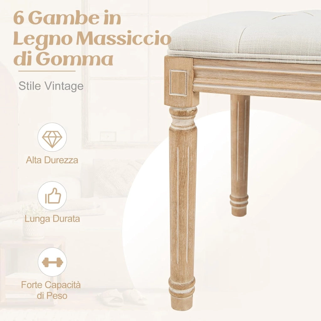 Panca d'Ingresso Vintage Francese, Panca da Pranzo Imbottita da 120 cm con Gambe in Legno di Gomma Massiccio, Sedia Pouf Capitonné a Fine Letto per Ingresso, Soggiorno e Camera da Letto
