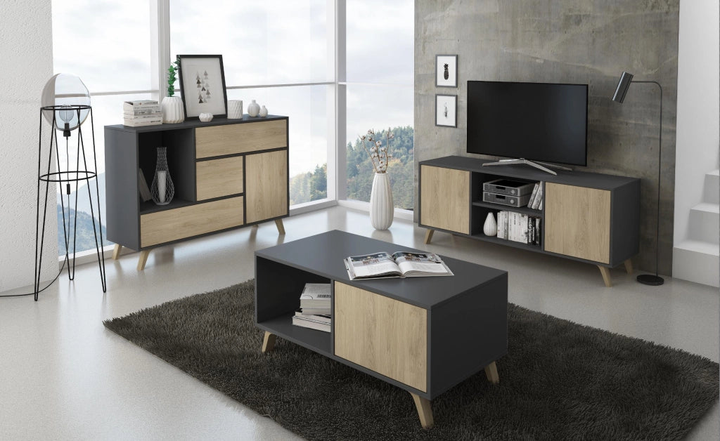 Tavolino 92x50x45cm per sala da pranzo Grigio Antracite e colore Rovere RF620