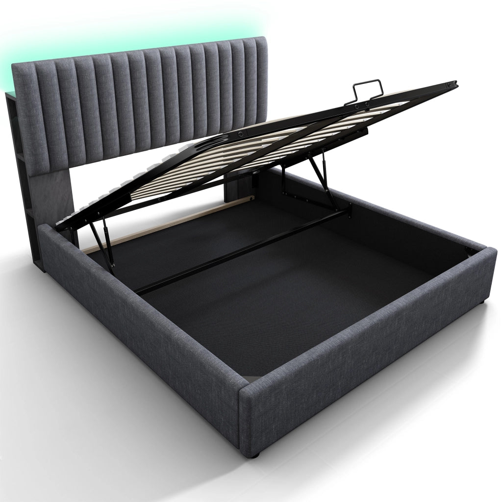 Letti contenitori 160x200 cm con contenitore e LED; lino; grigio (Senza materasso)