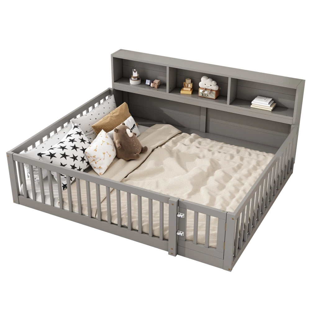 Daybed 140x200 cm con sponde di sicurezza e vani laterali; in pino e MDF; grigio