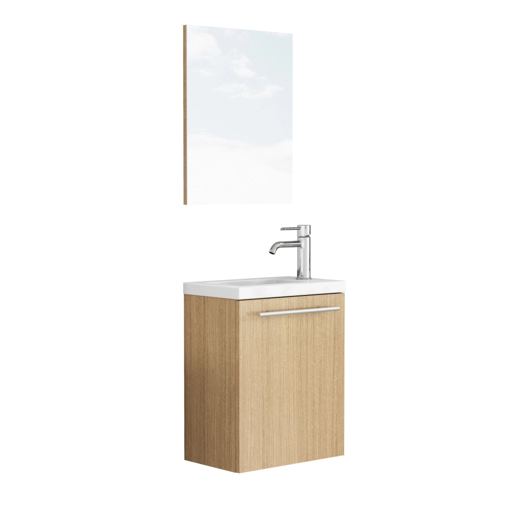 MOBILE BAGNO Sospeso Set con Lavabo in Ceramica e Specchio MDF Rovere