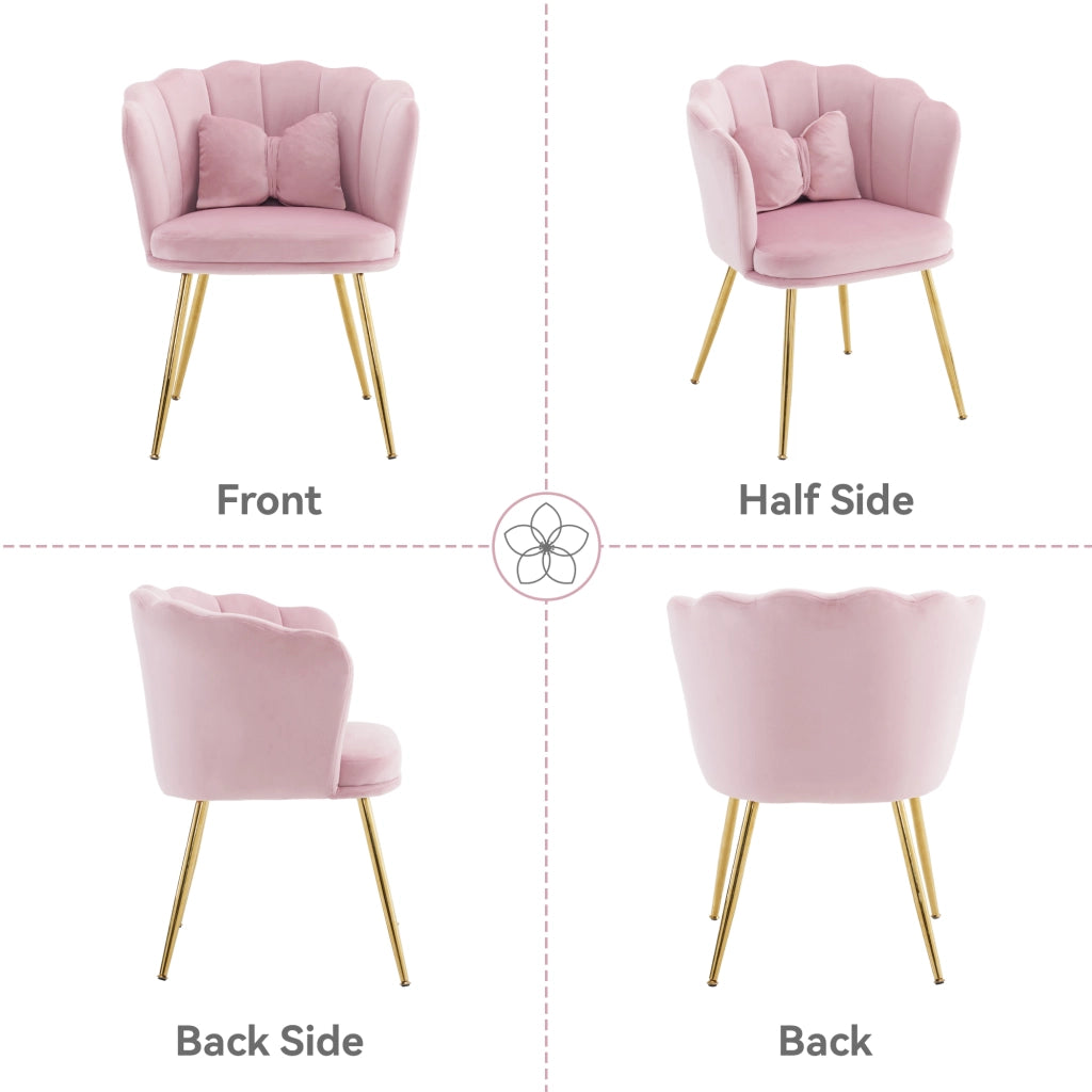 Sedia da pranzo in velluto con schienale a petalo e cuscino - gambe metalliche rosa