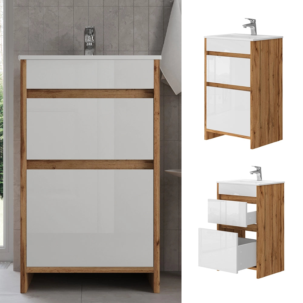 Vicco Set mobili bagno Quercia dorata 2 parti, con lavabo e 2 cassetti