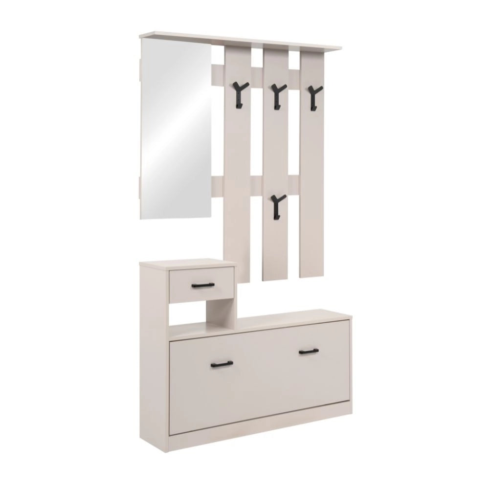 Mobile Ingresso Rudolf con Specchio, Appendiabiti, Cassetto e Scarpiera Beige