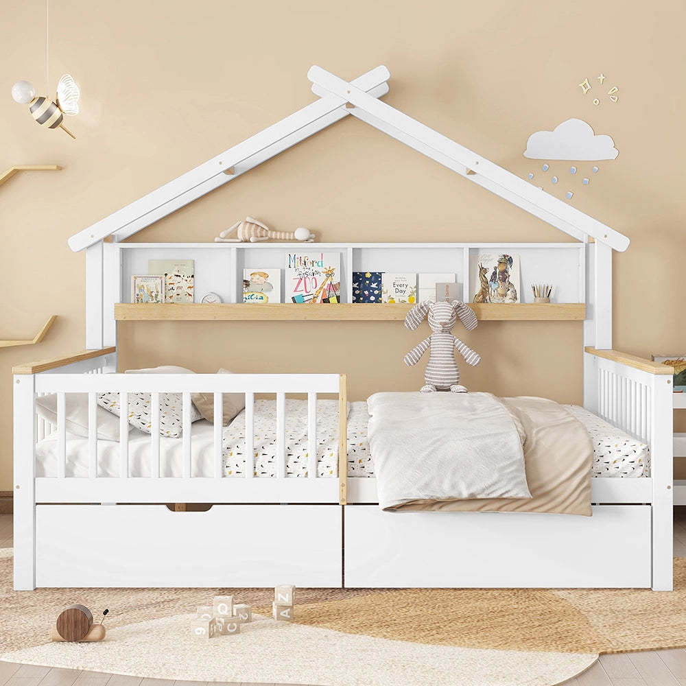 Letto bambino-Xylo-140x200 cm-anti caduta, tetto, 2m ripiano, 2 cassetti, bianco+naturale