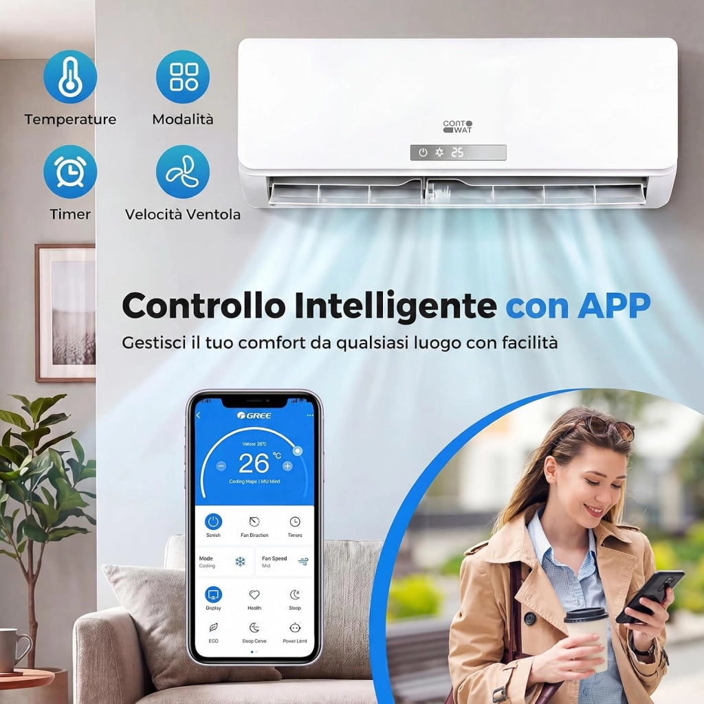 Climatizzatore Monosplit Inverter, R32, A++, Silenzionso 19 dB, A++, Raffrescamento, Riscaldamento, Deumidificazione, Ventola, Timer, WiFi, Telecomando, Autopulizia (9000, BTU) [Classe di efficienza energetica A++]