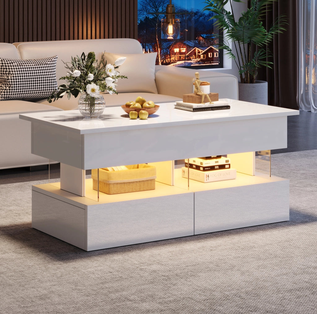 Tavolino da caffè elevabile LED bianco 100x50x46 cm