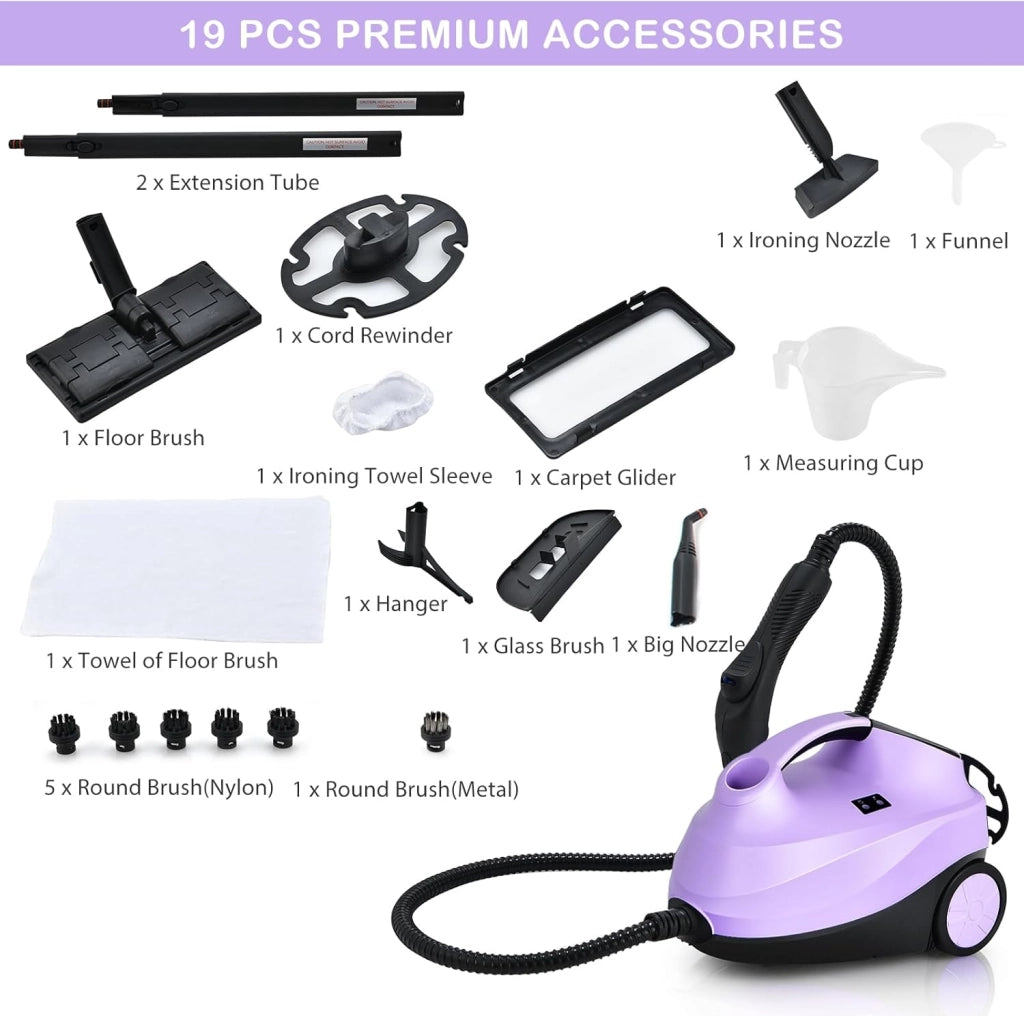 Pulitore a Vapore Portatile 2000W, Pressione del Vapore: 4 Bar, Massimo 108℃, Preriscaldamento: 5-6 Min, Serbatoio dell'Acqua: 1,5L, con 19 Accessori, per Divano, Pavimento, Finestra (Viola)