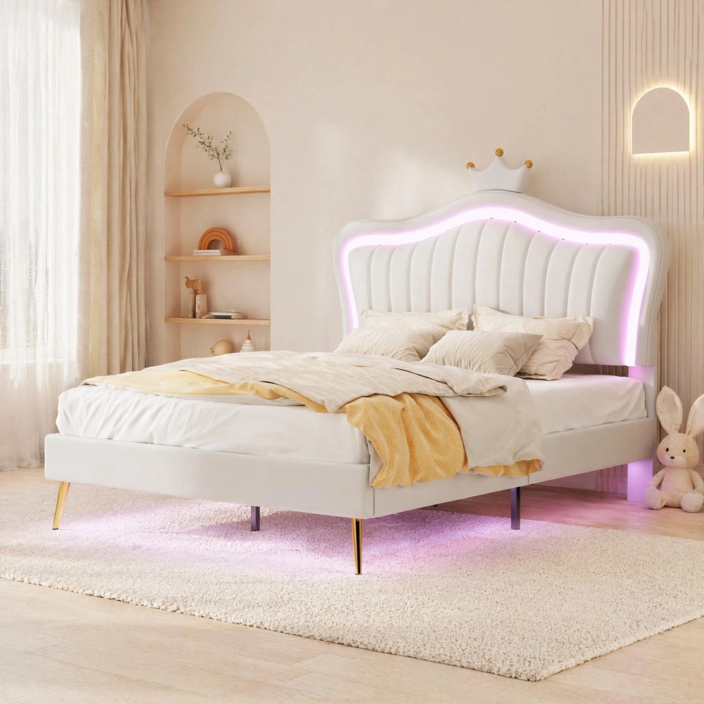 Letto imbottito per bambini 140x200 cm bianco con LED; testiera regolabile e 12 doghe