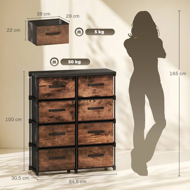 Cassettiera con 8 cassetti in tessuto struttura in metallo per camera da letto e soggiorno effetto legno rustico marrone