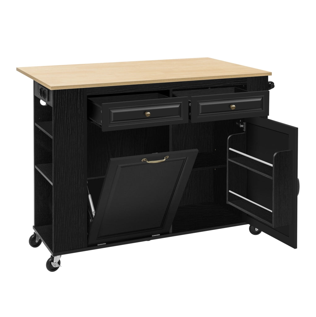 Isola da cucina 120x40-70x92 cm con piano ribaltabile e prese; in MDF e PB; nero naturale