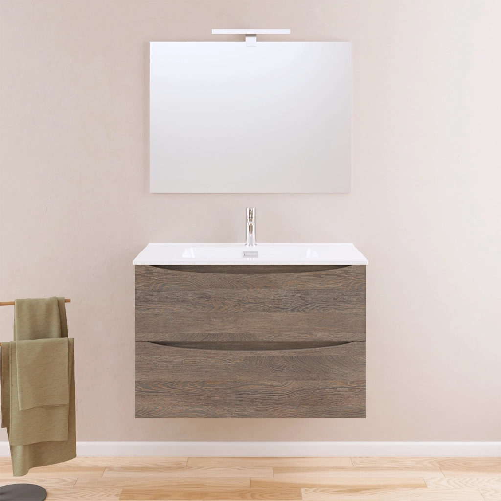 Mobile da bagno sospeso 80cm rovere scuro con lavabo e specchio | Aspen