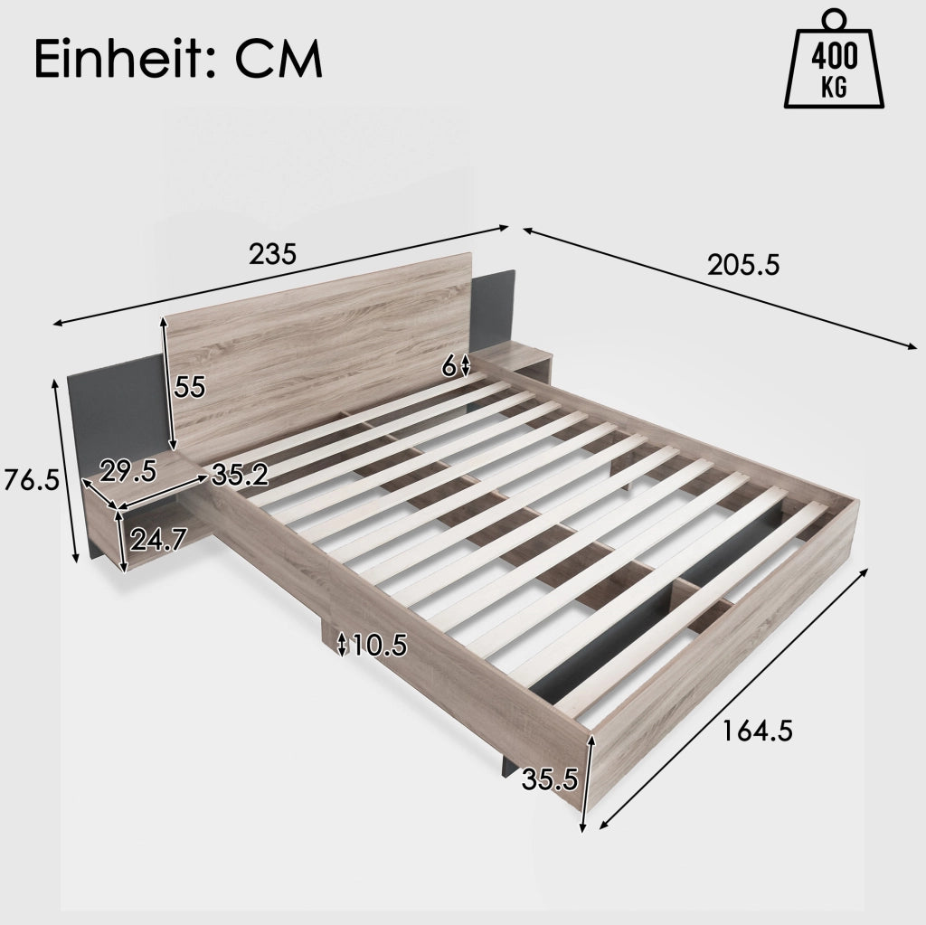 Letto matrimoniale 160x200 cm in legno Sonoma e grigio scuro con 2 comodini