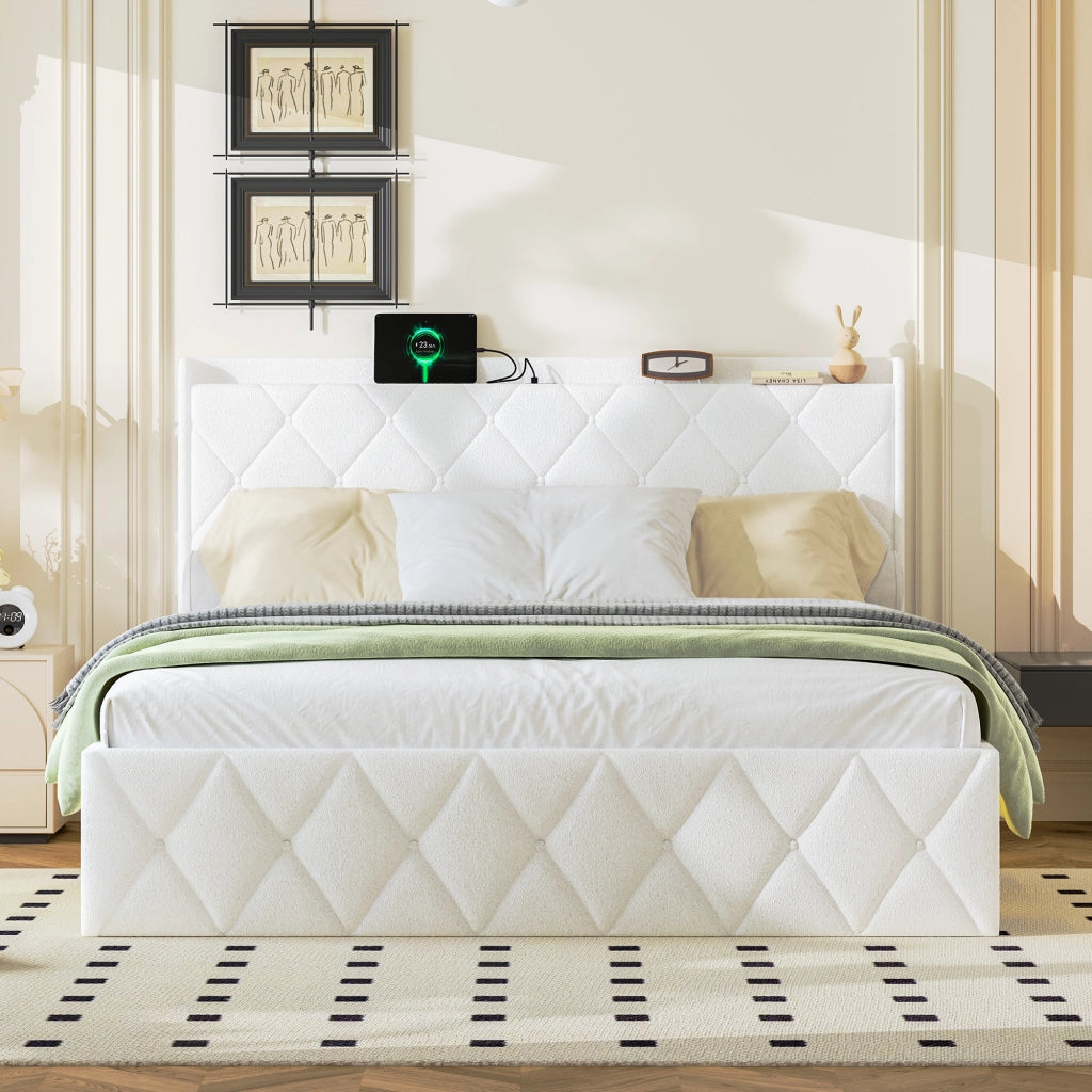 Letto matrimoniale 160 × 200 cm con USB, LED, ripiano in testiera e contenitore, senza materasso, bianco