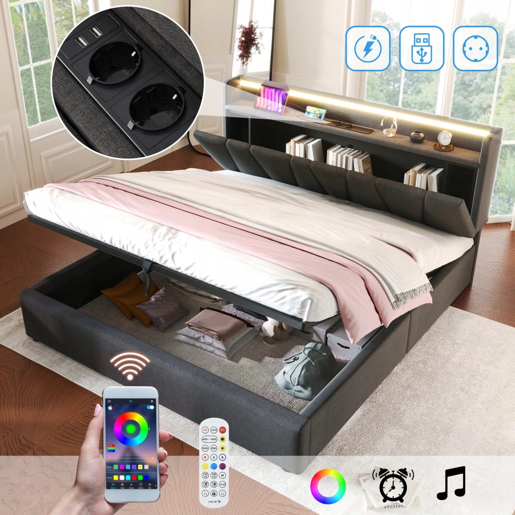 Letto matrimoniale 160x200 - Xylo - USB e LED, grigio, senza materasso