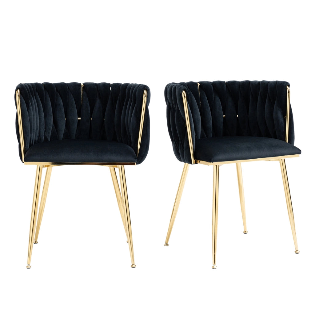 Sedia da pranzo in velluto nero con schienale intrecciato e gambe in metallo; 55;5 x 41 x 74 cm