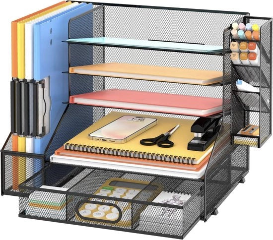 Organizzatore di scrivania con contenitore per documenti 5 strati di carta mesh con contenitore per penne, lato e cassetti per documenti nero