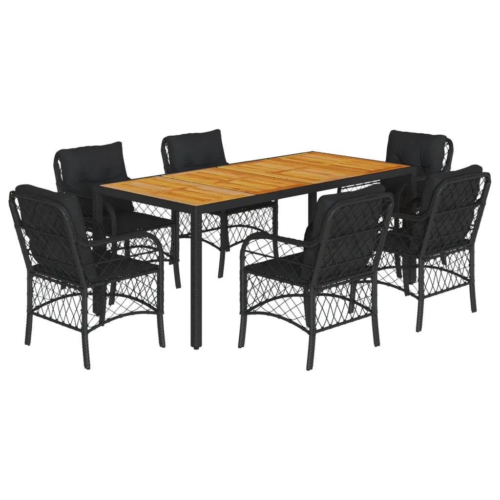 Set da Pranzo da Giardino 7 pz Nero con Cuscini in Polyrattan