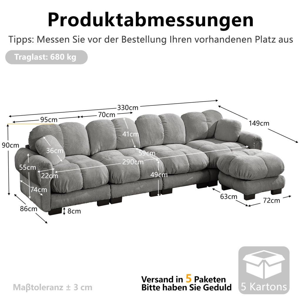 Divano angolare modulare a l con pouf mobile e cuciture trapuntate in tessuto chenille grigio chiaro 330 × 149 × 90 cm